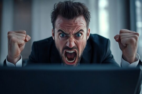 Frustrated businessman experiences computer problems at work, struggling to solve them, Generative AI