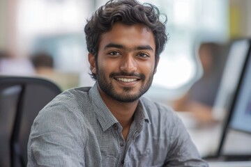 Portrait of young Indian man in a shirt, smiling confidently at his desk in the office, looking at the camera, Generative AI