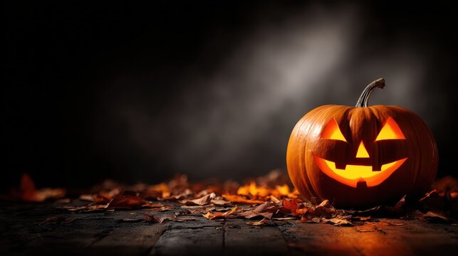 Brightly lit carved jack-o-lantern pumpkin with a smiling face on fallen autumn leaves in dark Halloween setting - Powered by Adobe