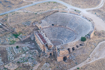 Aerial view of an ancient roman amphitheater, an architectural masterpiece steeped in rich history and culture. UNESCO world heritage site.