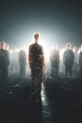 Networked Human Figures with Glowing Connections in a Digital Landscape.
