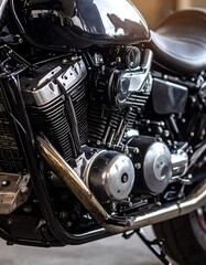 Obraz premium Motorcycle Engine Close-up, Urban Setting