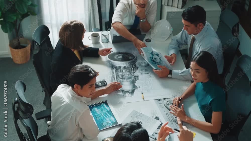 Poster group of diverse team planning strategy while sitting at table with project plan. top aerial view of