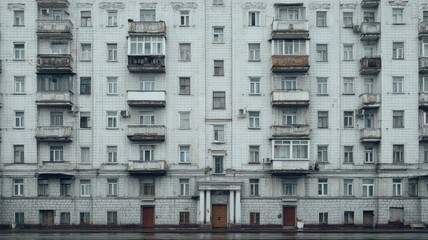 Obraz premium Urban soviet-era apartment facade in grayscale. Neural network AI generated