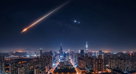 Fototapeta premium Meteor streaks across night sky over illuminated city skyline with stars and planets
