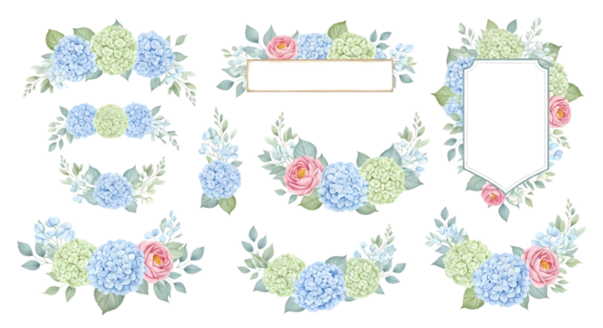 Elegant Floral Frame Collection with Hydrangeas and Roses for Wedding Invitations and Decorative Design Projects on Adobe Stock