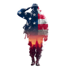 Veterans Day illustration - saluting soldier silhouette with flag isolated on transparent background