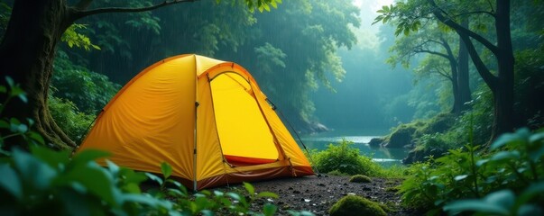 Bright yellow tent, rain-lashed, in lush misty jungle, visual, light