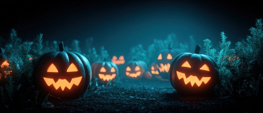 Spooky Halloween Jack-o'-lantern pumpkins glowing with carved scary faces in dark outdoor forest scene