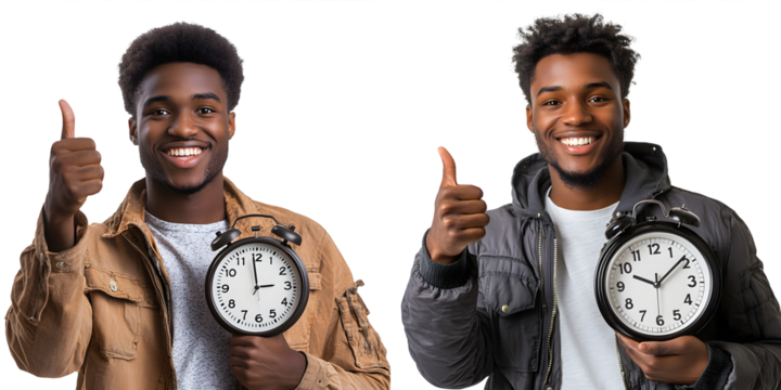 Young African American holding a clock isolated smiling and raising thumb up isolated on a transparent background