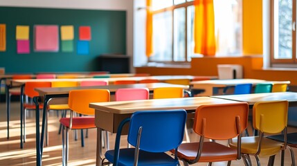 Colorful classroom interior with rows of desks and chairs. Sunlight streams through windows