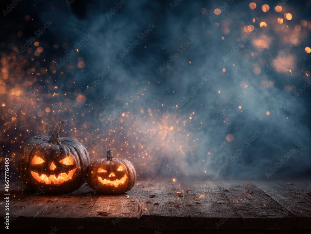 Poster spooky halloween pumpkins illuminated by bright flickering lights surrounded by mysterious fog and s