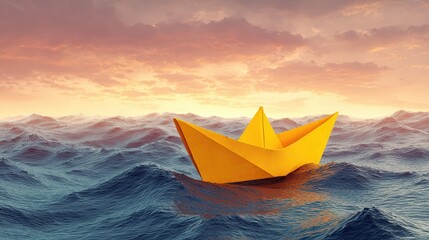 Obraz premium Bright yellow paper boat floating on ocean waves du sunset with colorful sky and distant mountains