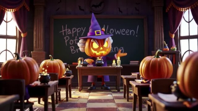 Animated spooky halloween pumpkin witch teaching potion brewing in a classroom with festive decorations and magical cauldron