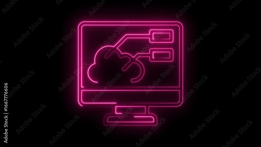 Aufkleber glowing neon pink computer monitor displaying cloud network data flow abstract technology concept