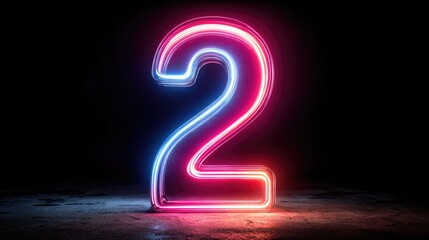Glowing neon pink and blue number two on dark background