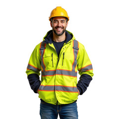 Smiling construction worker in safety gear with hard hat outdoors