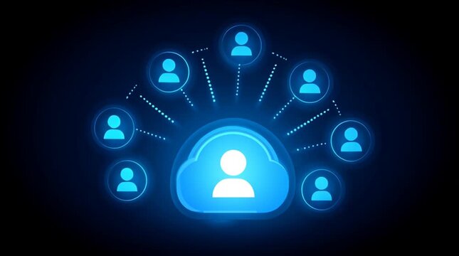 Cloud computing network with user icons connected digital blue glowing interface representing online communication and data - Powered by Adobe