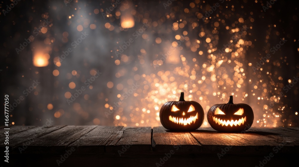 Poster illuminated jack-o'-lanterns set against a magical autumnal background with glittering bokeh effects