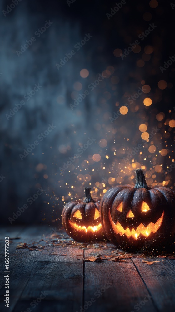 Poster spooky halloween pumpkins illuminated in dark with bokeh background creating a festive and eerie atm