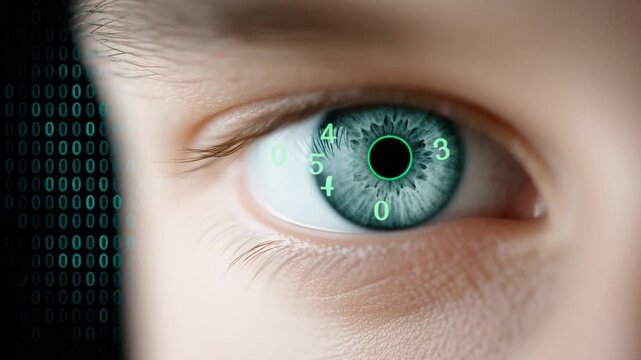 Digital eye with binary code and futuristic clock interface overlay, symbolizing advanced technology and innovative digital