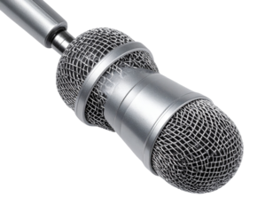 Silver Handheld Microphone with Stand Clip, Top-Down Perspective, Isolated