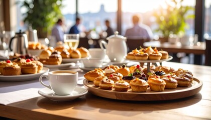 Pastries and Snacks with Coffee Cup on Cafe Desk Neatly Placed Food Tray on Table Capturing Dessert Mood for Commercial Promotion and SEO Friendly Use