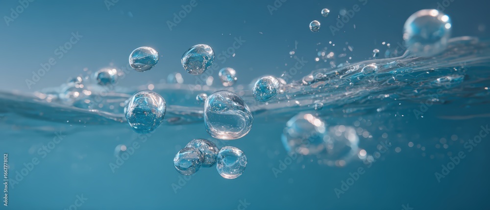Poster close-up of water bubbles rising and floating on surface with ripples and reflections in clear fluid