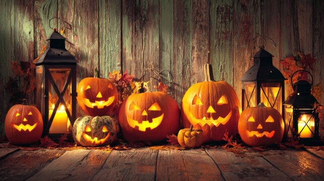 A Spooky Arrangement of Melodramatic Jack-o'-Lanterns Glowing Against a Rustic Wooden Background Complete with Autumn Leaves and Lanterns