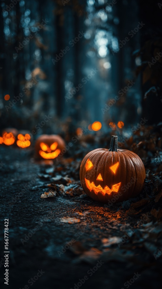 Poster mysterious forest path lit by glowing jack-o'-lanterns creating a spooky halloween atmosphere with d