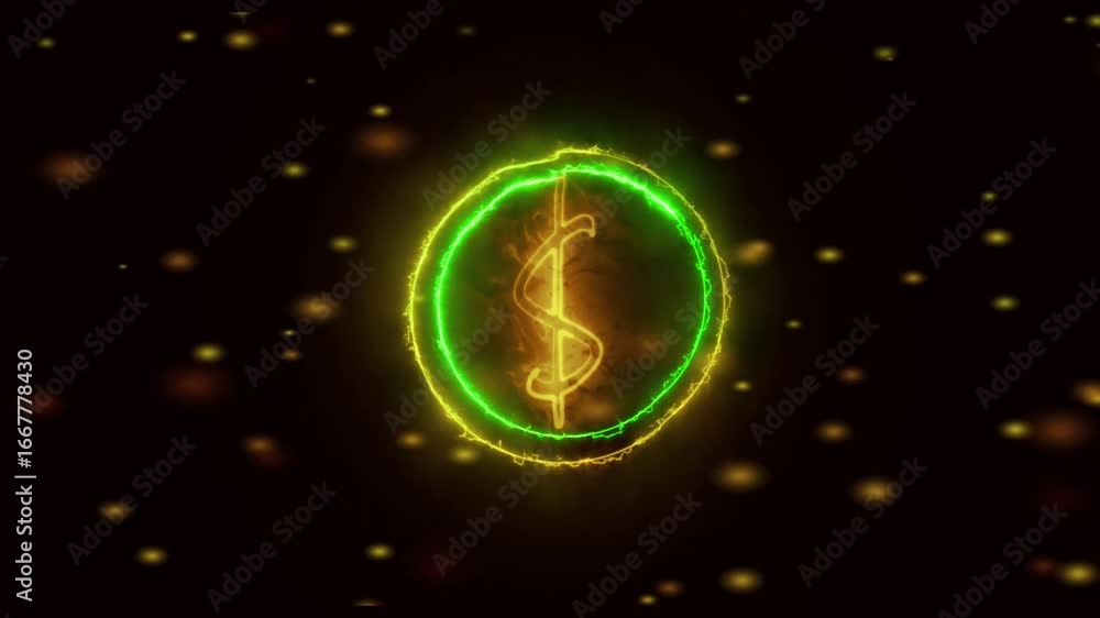 Poster cryptocurrency dollar sign animation glowing coin abstract background loop 4k uhd. animated finance 