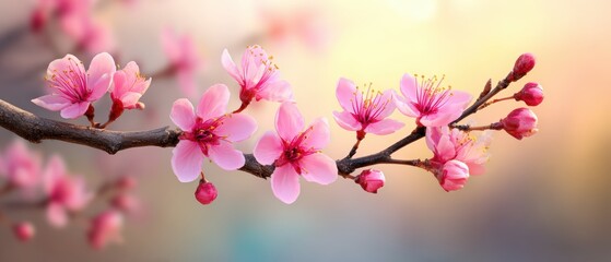 Obraz premium Close-up of delicate pink cherry blossom flowers blooming on a tree branch du sptime with soft background
