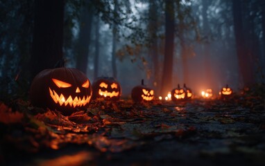 A Spooky Halloween Scene: Illuminated Jack-o'-lanterns Line a Foggy Forest Path Amidst Fallen Leaves and Enchanting Darkness