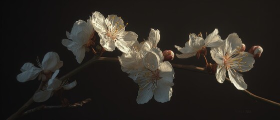 Close-up of white cherry blossom flowers on dark background , detailed romantic floral nature scene for sp design