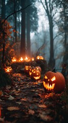 A Spooky Pathway Illuminated by Glowing Jack-o'-Lanterns in a Foggy Forest During Halloween Festivities