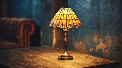 Golden Luminescence: An antique table lamp casts a warm, inviting glow, its stained glass shade illuminating a rustic wooden table in a dimly lit, atmospheric setting.