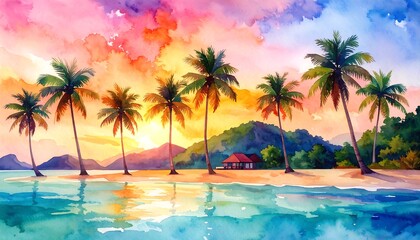 Obraz premium Vibrant Watercolor Tropical Beach Sunset with Palm Trees.