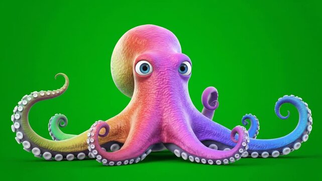 Colorful animated octopus changing colors on green background showing different emotional expressions