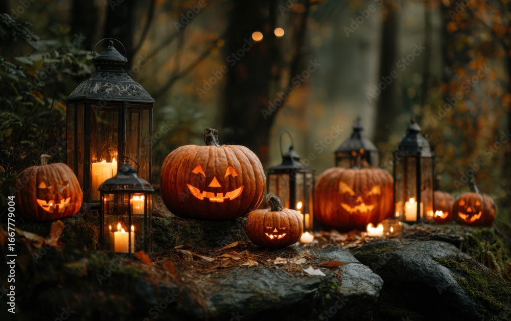 Poster a spooky autumn scene highlighting jack-o'-lanterns and lanterns illuminating a forest path during h