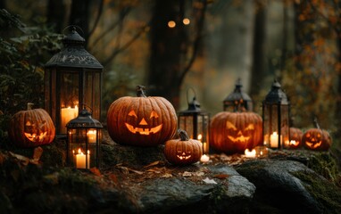 Fototapeta premium A Spooky Autumn Scene Highlighting Jack-o'-Lanterns and Lanterns Illuminating a Forest Path During Halloween