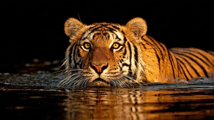 Majestic Bengal Tiger: An intense stare of a Bengal tiger swimming, showcasing the captivating power and beauty of this apex predator.