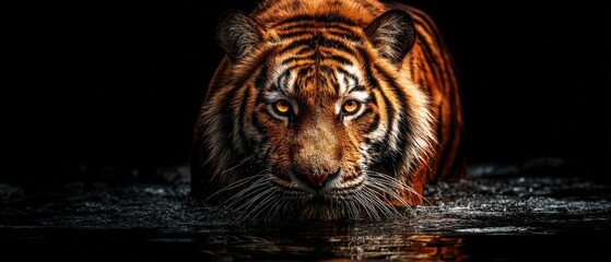 Majestic Tiger's Gaze: A captivating portrait of a powerful tiger, its piercing eyes locked in a direct gaze, reflecting the untamed beauty and raw strength of the wild.