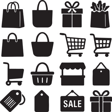 Set of Shopping Themed Silhouettes &ndash; Vector Clipart Featuring Shopping Bags, Carts, Trolleys, Credit Cards & Sale Icons