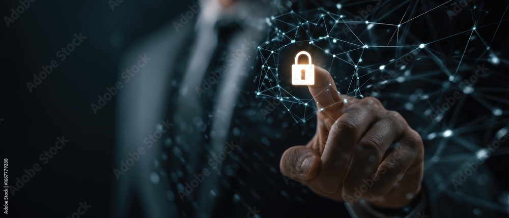 Aufkleber digital security concept with a person pressing a lock icon on a futuristic virtual interface for pr