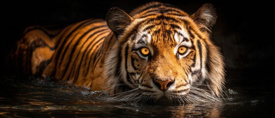 Large majestic tiger swimming in dark water with focused intense eyes and detailed fur