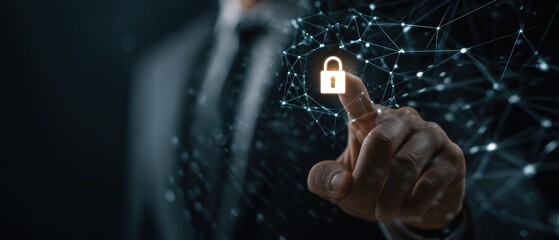 Digital security concept with a person pressing a lock icon on a futuristic virtual interface for protection and privacy