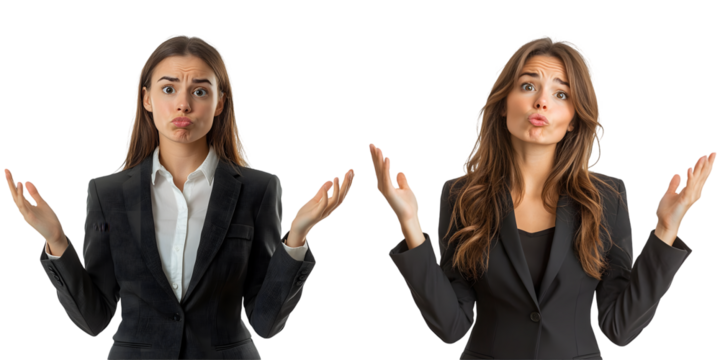 Young businesswoman in a suit doubting and shrugging shoulders in questioning gesture isolated on a transparent background