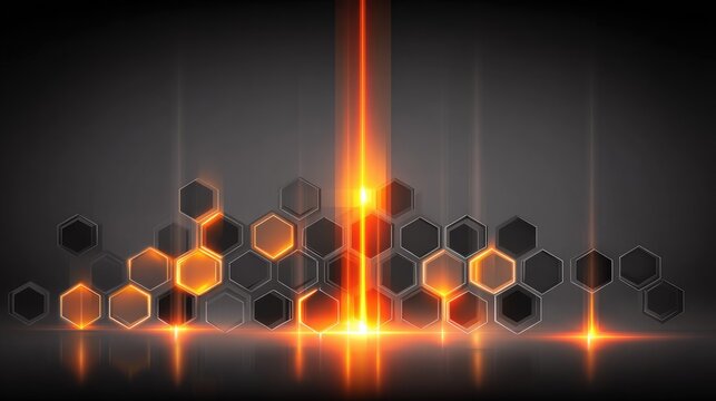 Glowing orange hexagons on dark background, reflecting light