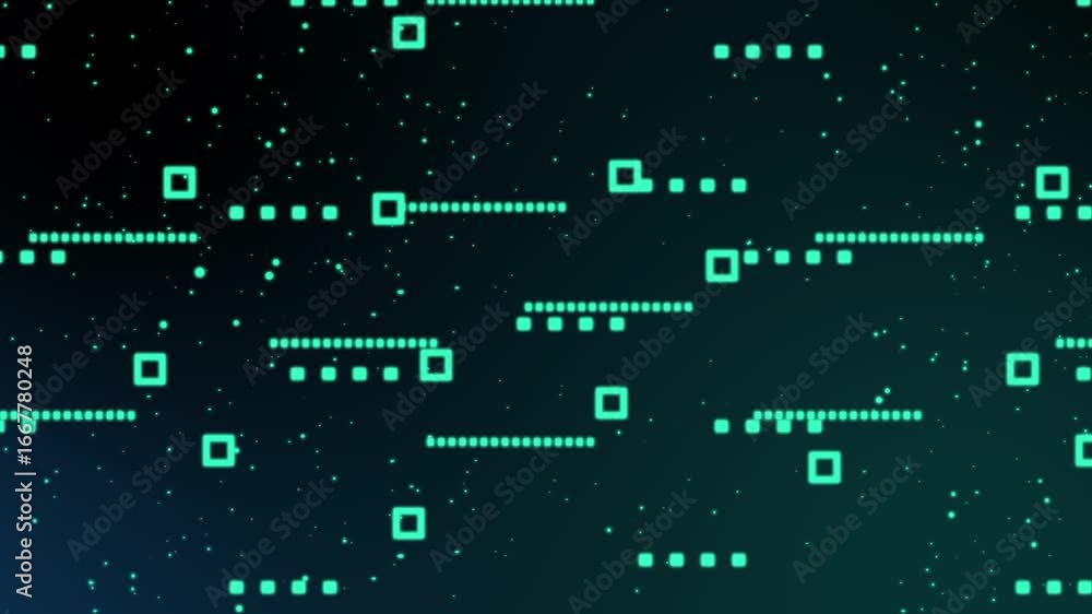 Poster teal digital particles glowing lines squares cyberpunk sci-fi hud interface animation 4k. abstract m