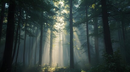 Fototapeta premium Serene woodland scene with mystical sunlight filtering through tall trees and morning fog creating dramatic light beams